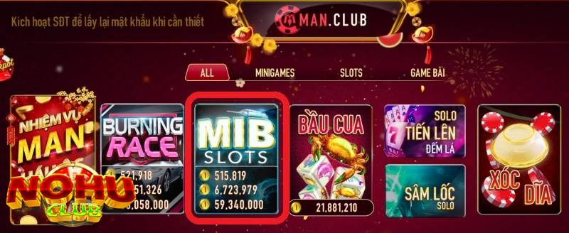 Game MIB Slot Man Club trên giao diện chính 