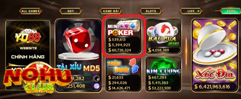 Game mini poker Yo88 trên màn hình chính