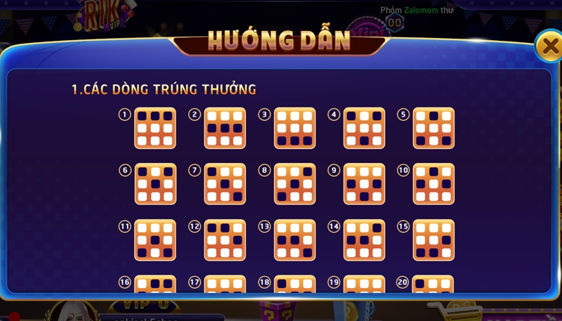 Quay ra 6 biểu tượng hợp lệ với các dòng thưởng để nhận tiền